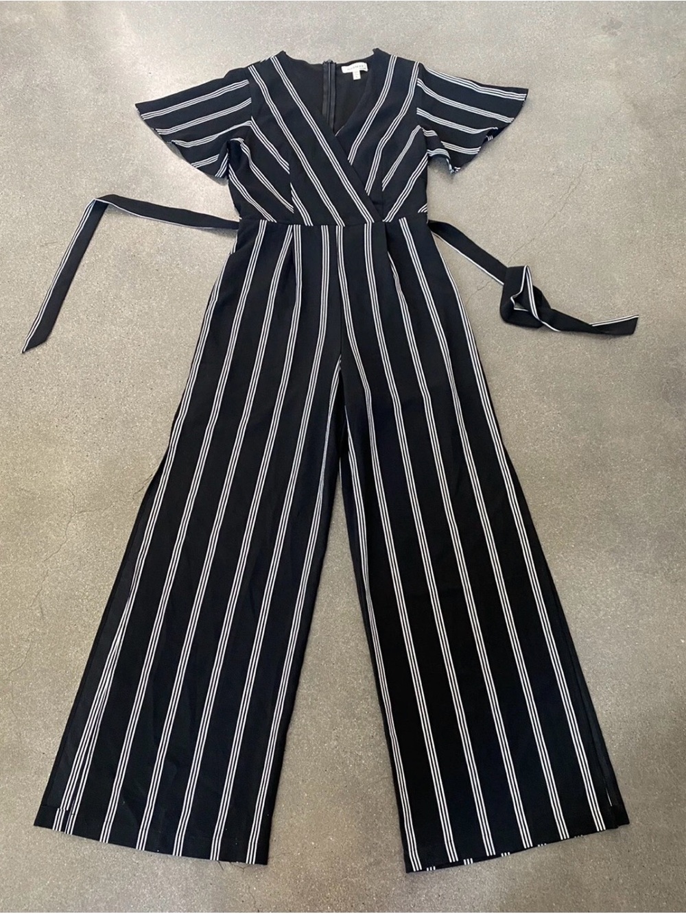 Monteau Black and White Vertical Stripe Wrap Jumpsuit